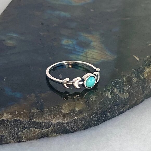 Sterling Silver 925 Dainty Minimalist Crescent Moon Turquoise Band Ring Sz 5.75 - Picture 13 of 16